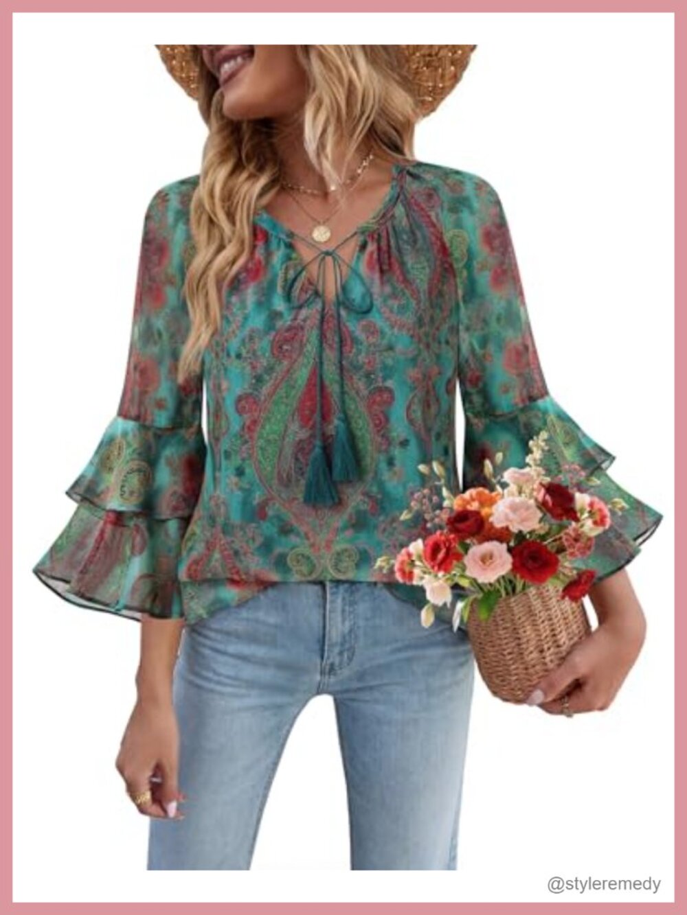 Bebonnie Womens Ruffle Sleeve V Neck Floral Chiffon Boho Blouse Tassel Tie Front